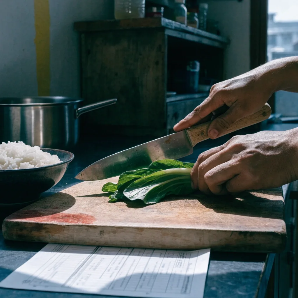 A printed plan sheet face-down on a table with hands preparing vegetables out of focus behind it