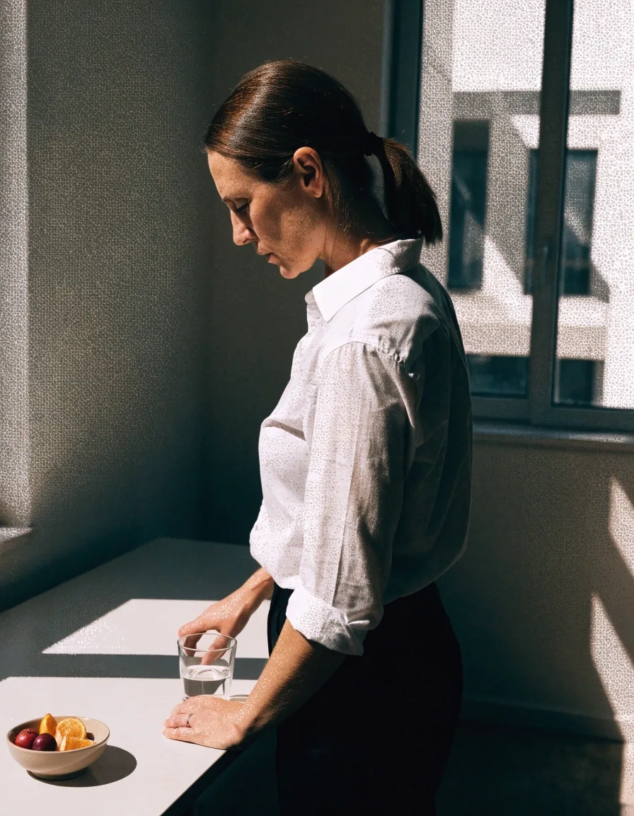 A dietitian seated at a plain desk in hard daylight