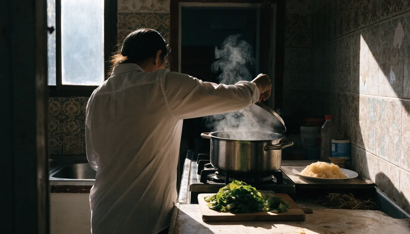 A cook working at a home kitchen counter in hard noon light