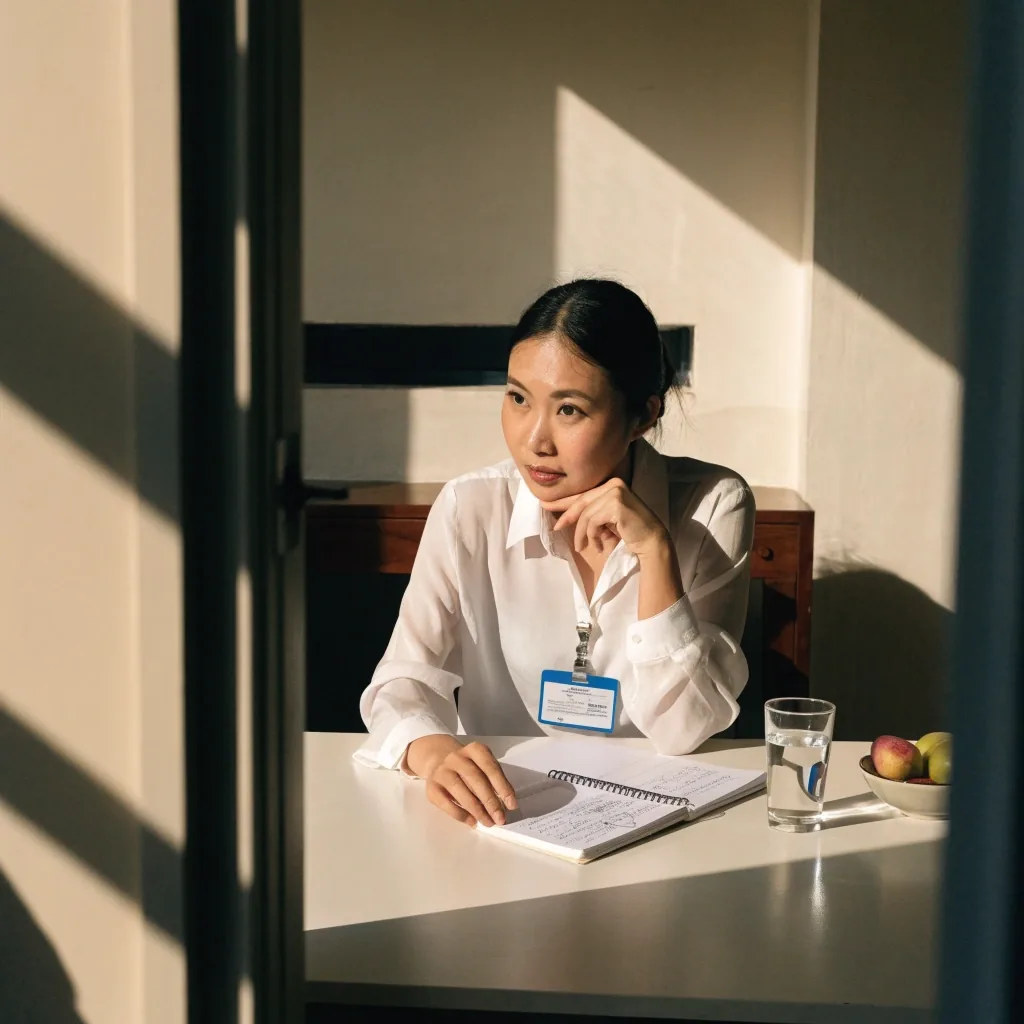 A dietitian at a plain desk in a consulting room, seen from the doorway with the screen turned away