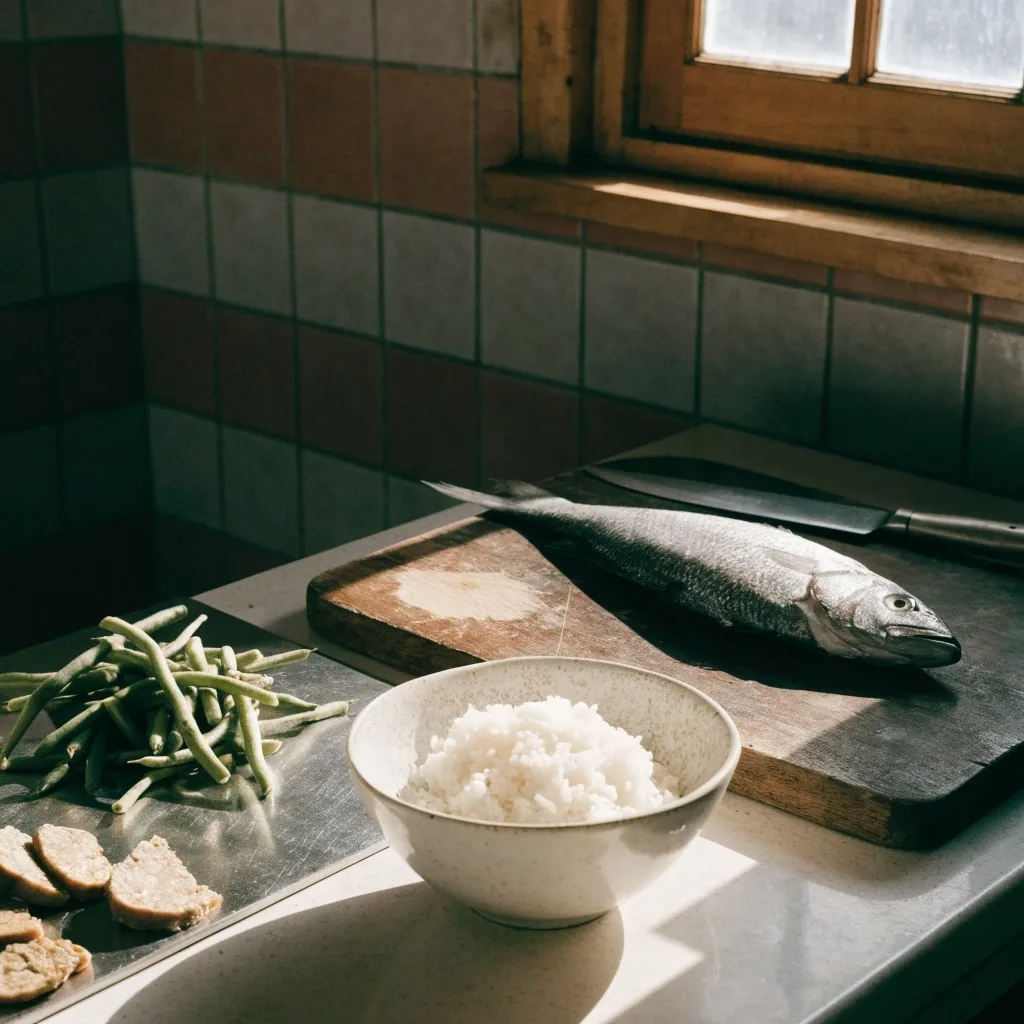 An Indonesian kitchen counter at midday with rice, a fish on a wooden board and cut vegetables under hard window light