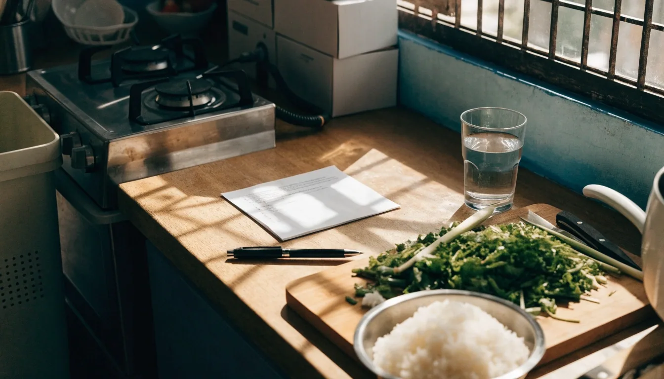A home kitchen counter at noon with a closed meal planner, rice, cut greens and a glass of water