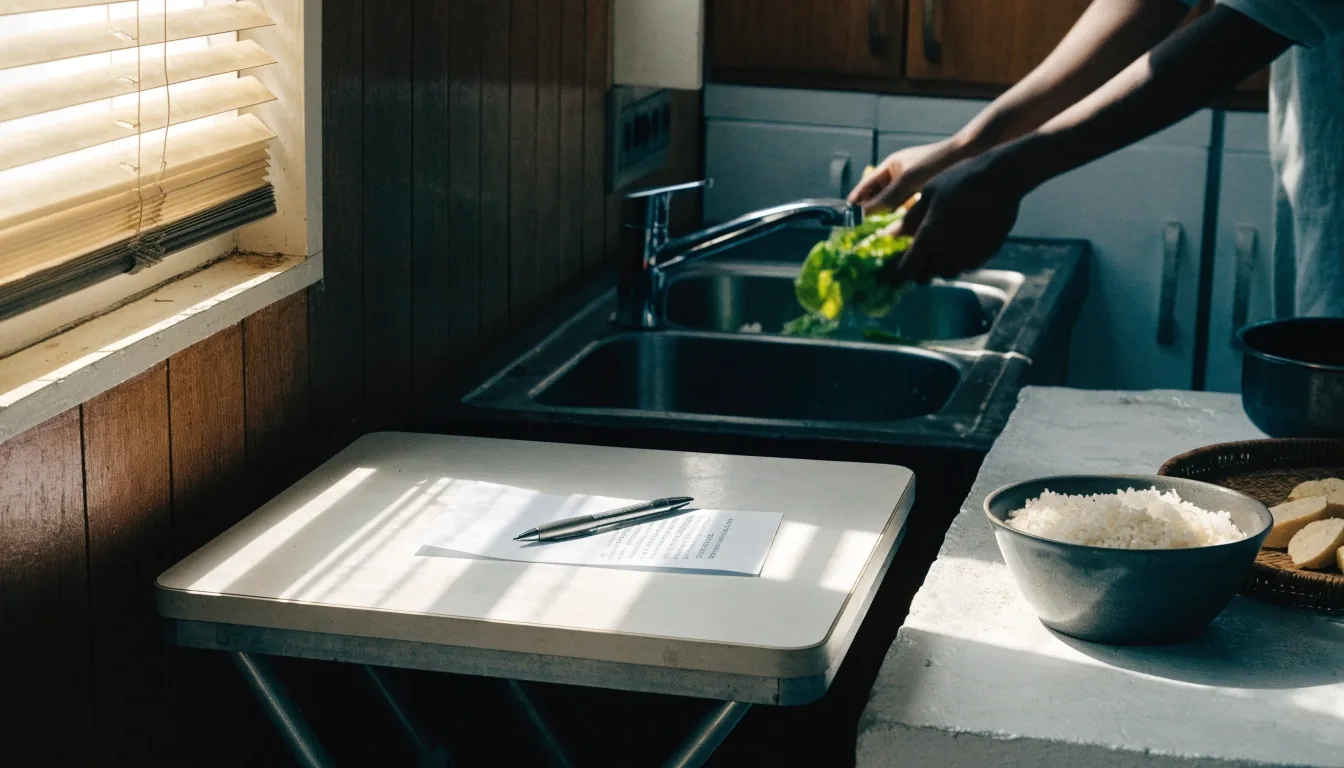 A printed sheet face-down on a card table with a pen, hands preparing food out of focus behind