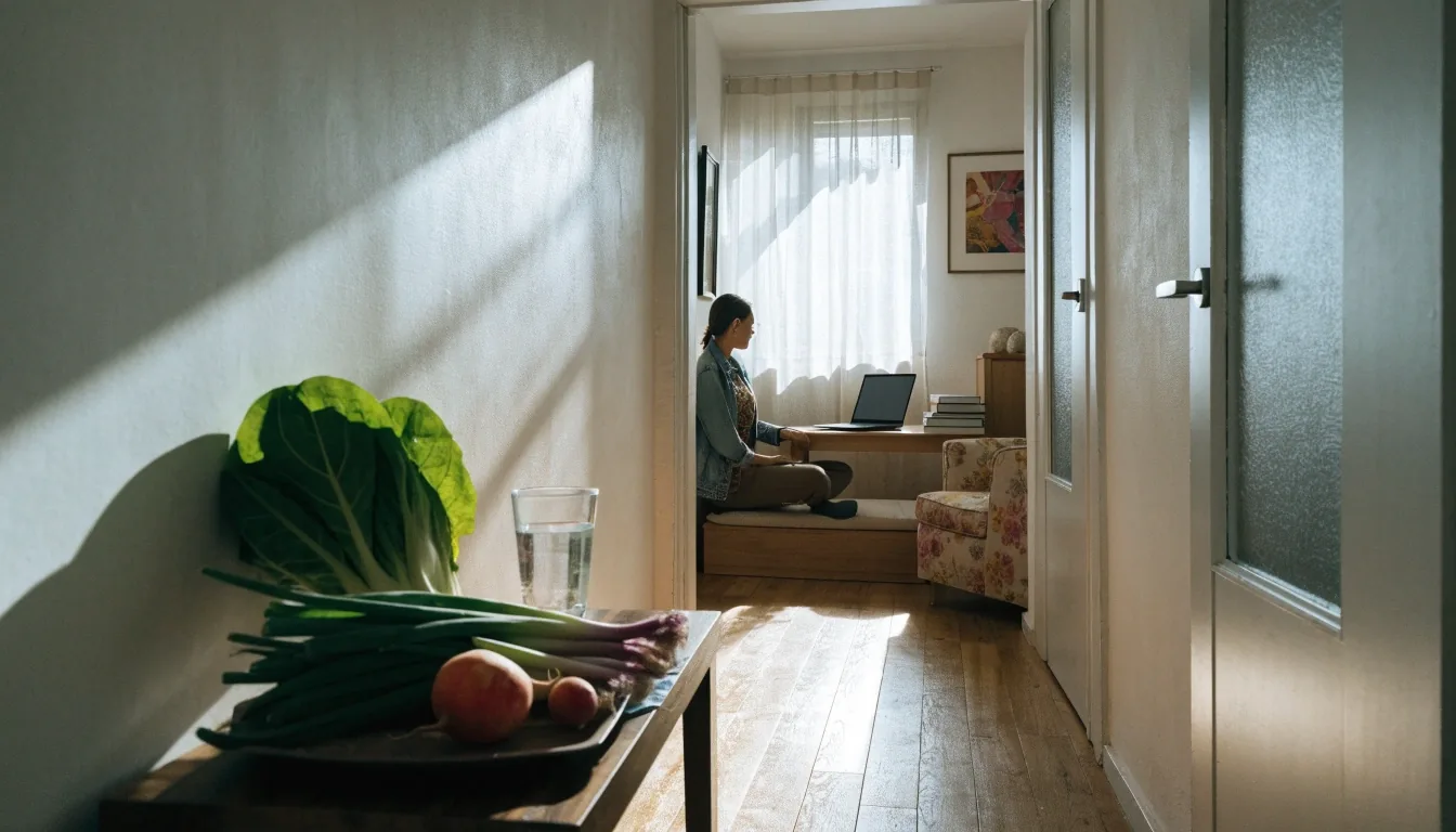 A dietitian at a desk in a plain consulting room seen from the doorway, screen turned away
