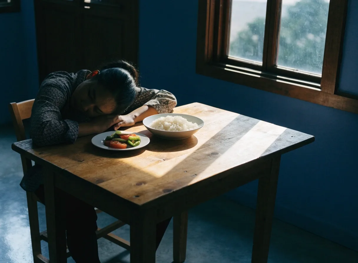 Hands cutting fresh vegetables on a wooden board in a noon-lit Indonesian kitchen