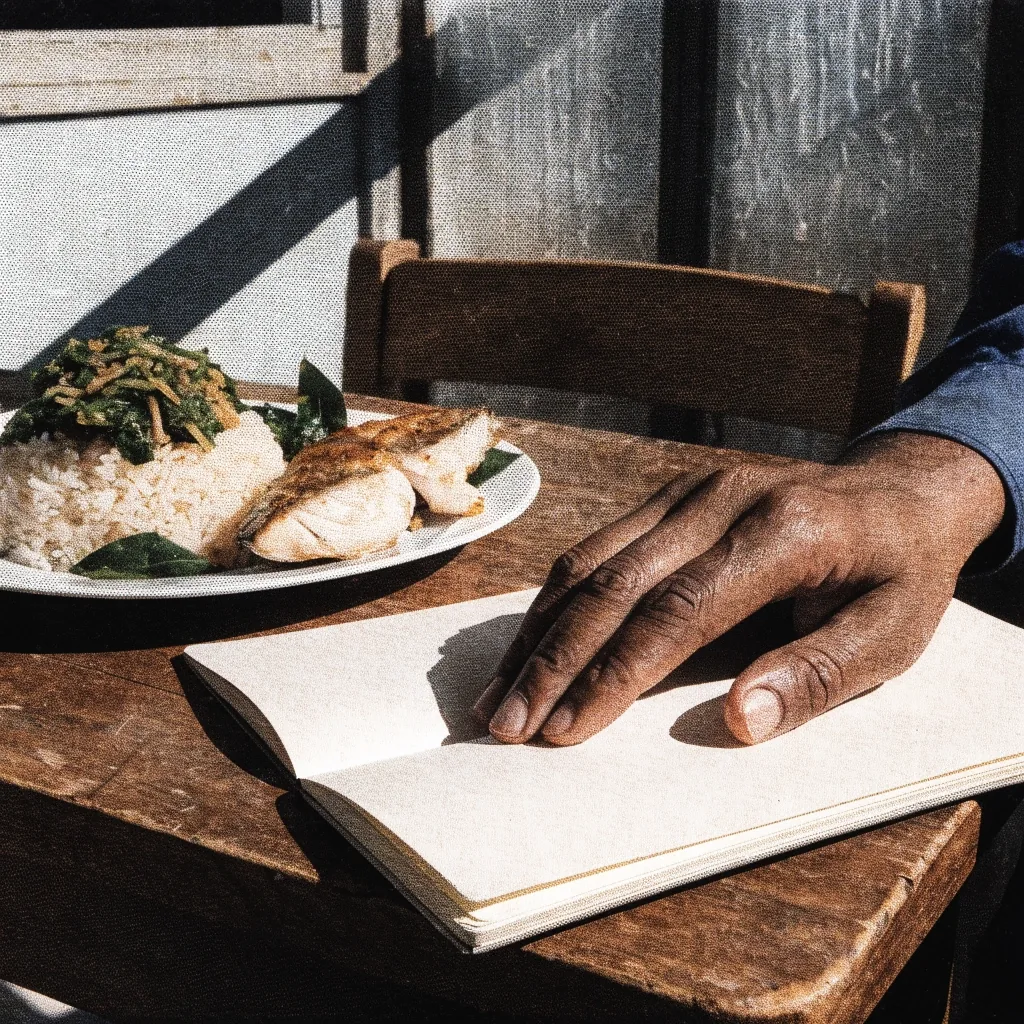 A hand taking rough notes in a plain notebook beside a home-cooked plate of rice, greens and fish