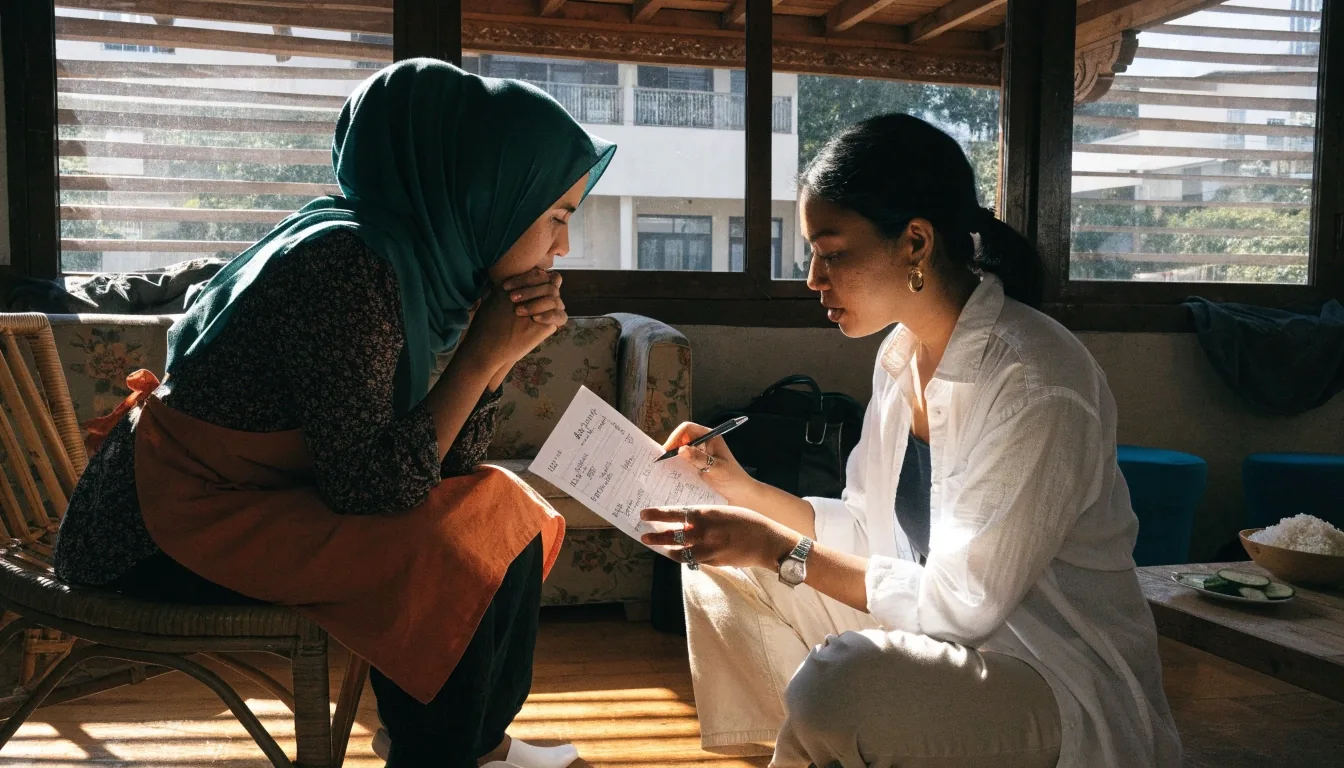 A registered dietitian at a plain desk in a small consultation room under hard noon light
