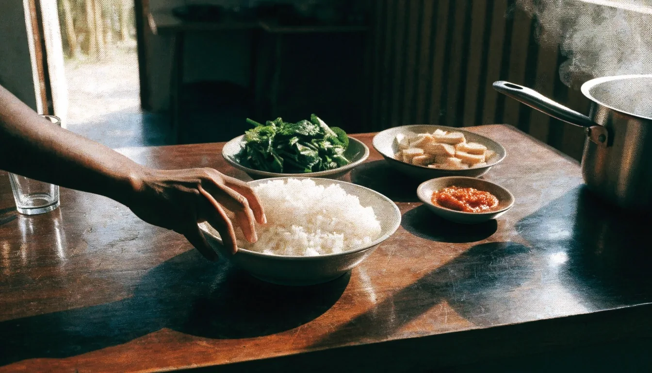 Bowls of rice, greens and tempeh arranged on a kitchen counter under hard noon light