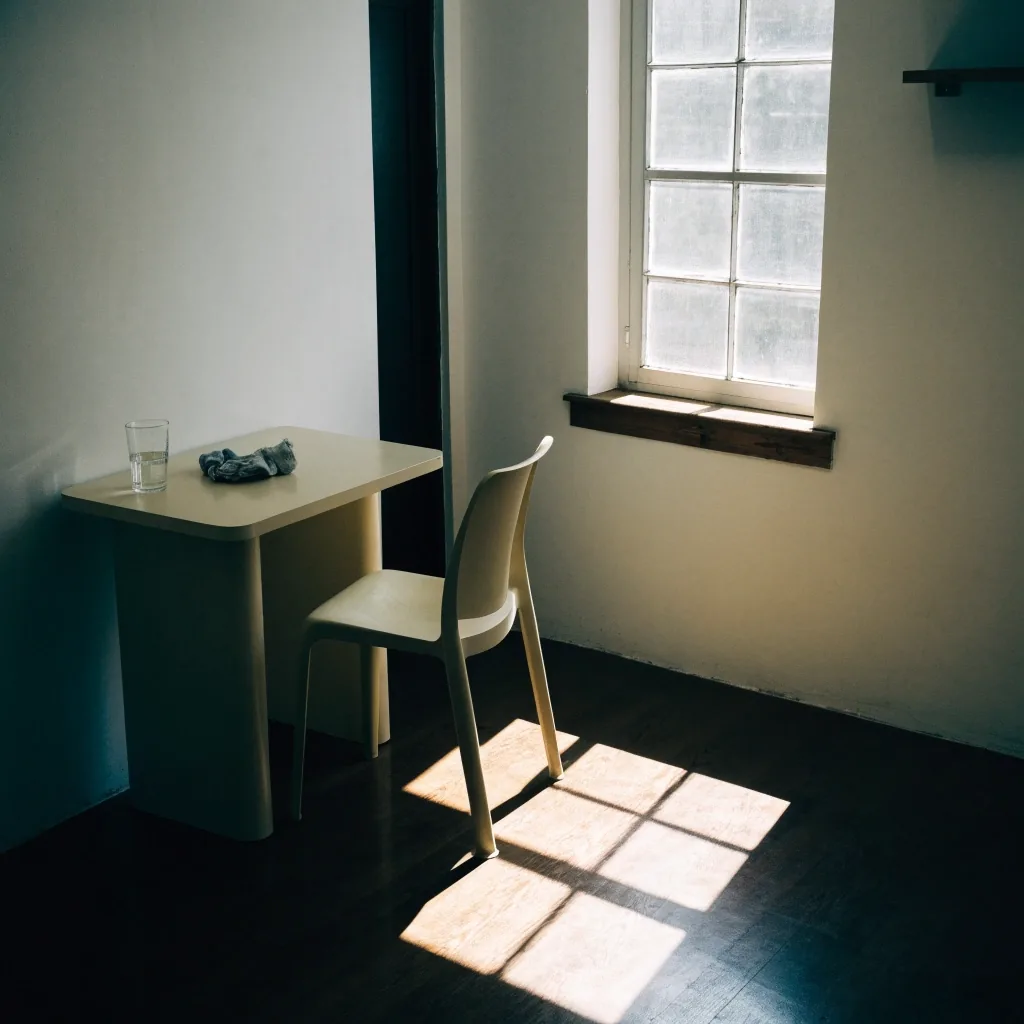 A quiet consultation room in Bandung with a desk, chair and glass of water in hard noon light