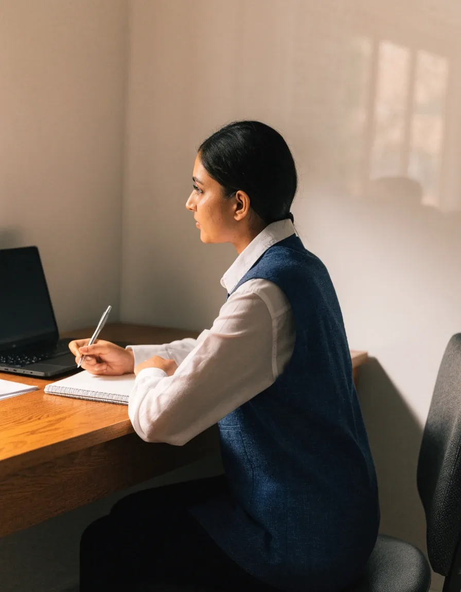 A dietitian in profile at a desk with the screen turned away, plain consult room