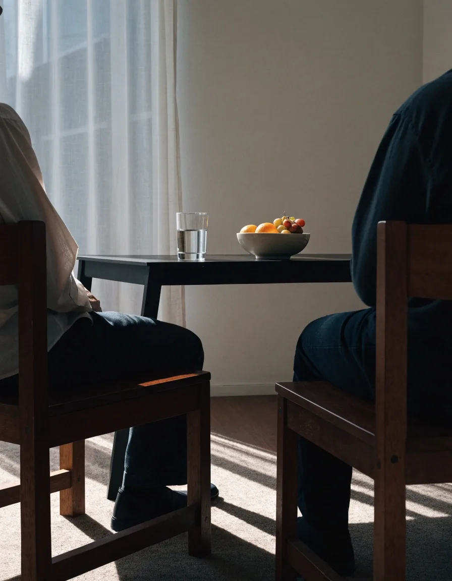 A consultation room with a small table, water glass and chair in hard noon light