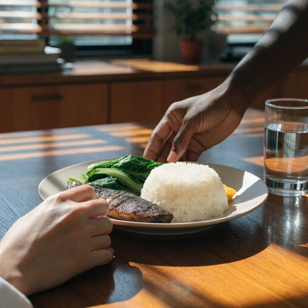 An Indonesian home kitchen counter with rice, fish, cut greens and water in hard noon light